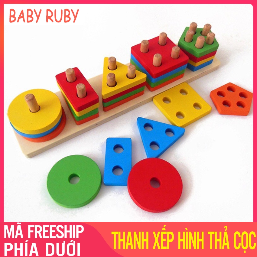 Đồ chơi xếp hình thả cọc - gồm 4 cọc, mỗi trục 4 miếng, chất liệu an toàn - đồ chơi montessori, đồ chơi gỗ, do choi tha coc, thả hình luồn cọc, đồ chơi giáo dục, đồ chơi montessori thả cọc, đồ chơi thả hình - baby ruby
