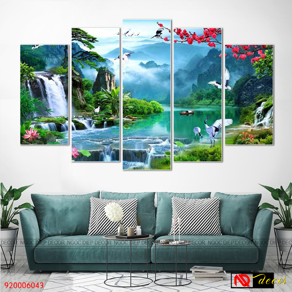 Tranh treo tường 3D Thác nước sơn thủy ST906043, tấm tranh đặc dày 1cm in sắc nét bo viền cao cấp, kèm đinh treo 3 chân