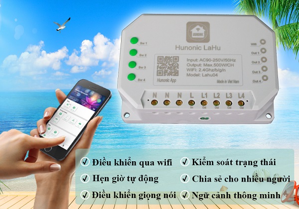[FreeShip] Công tắc điều khiển từ xa bằng điện thoại Hunonic Lahu 4 kênh 500W/kênh Lahu04 (Bảo hành 12 Tháng), Hẹn giờ thông minh, Điều khiển Wifi, Chia sẽ nhiều người