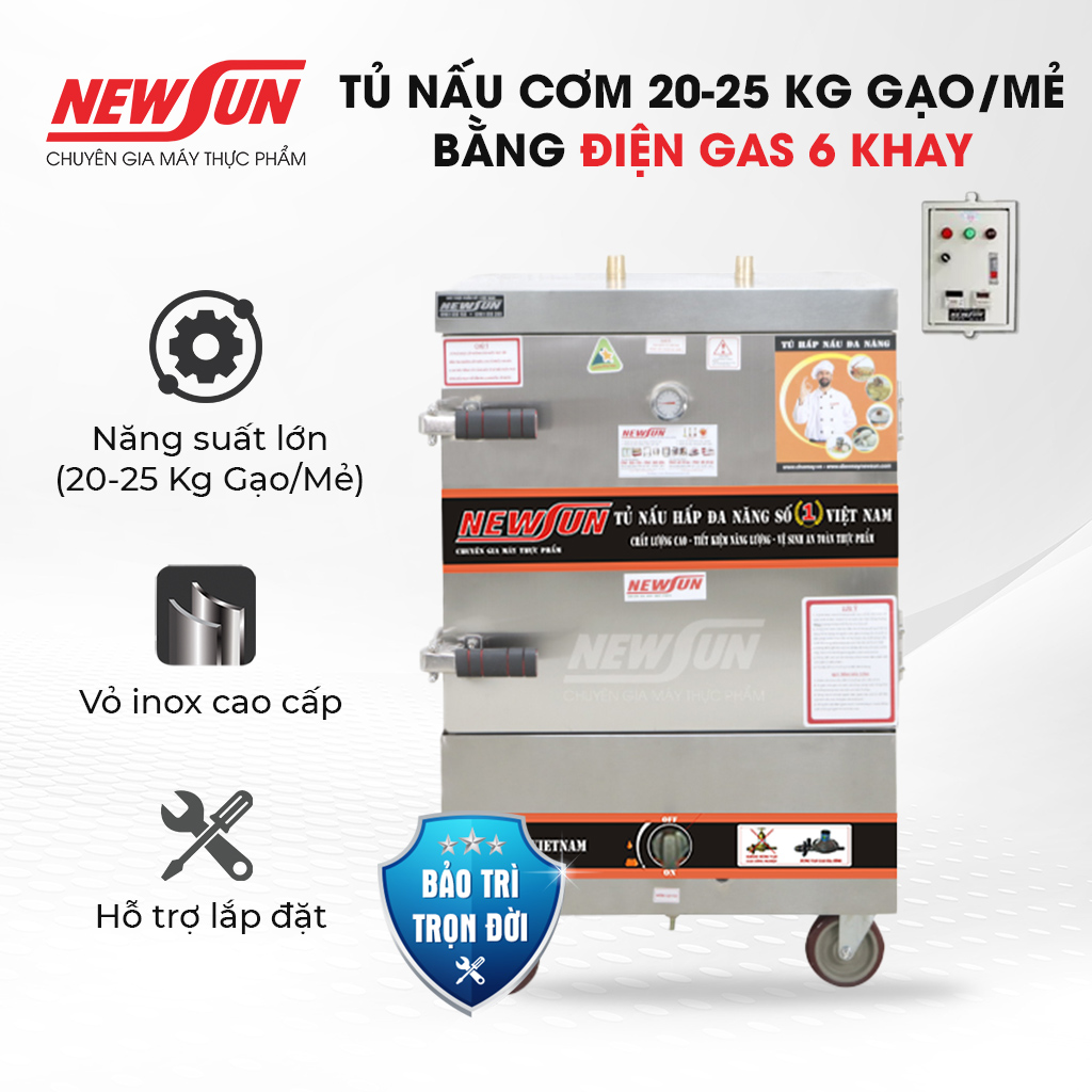 Tủ nấu cơm 20-25 kg gạo/mẻ bằng điện newsun 6 khay việt nam - không bảng điều khiển - hàng chính hãng