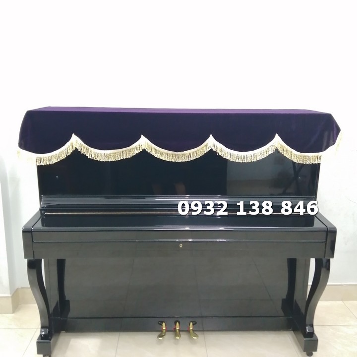 Khăn phủ đàn piano cơ nhung tím hoa cà phối tua rua vàng