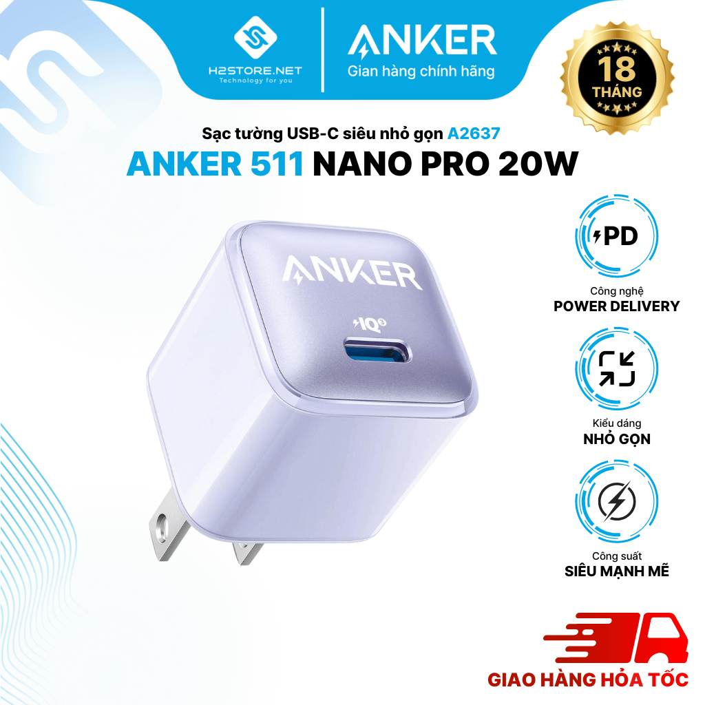 Sạc ANKER 511 Nano Pro 20W A2637 1 cổng USB-C PiQ 3.0 tương thích PD