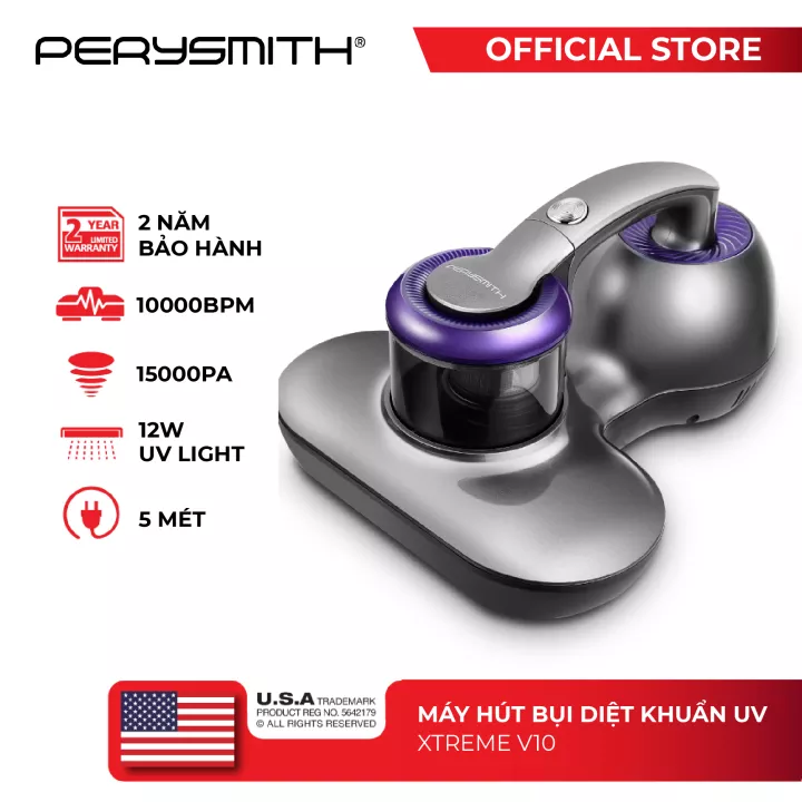 Máy hút bụi giường nệm cầm tay perysmith xtreme v10, diệt khuẩn uv, lực hút mạnh 15000pa, hàng chính hãng, bảo hành 24 tháng