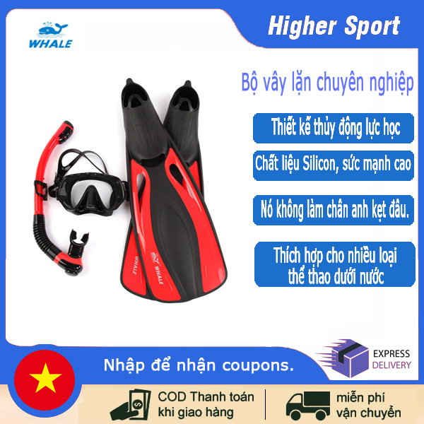 Whale mk1000 + sk900 + fn600 lặn chuyên nghiệp, vây lặn, ống thở bằng silicon