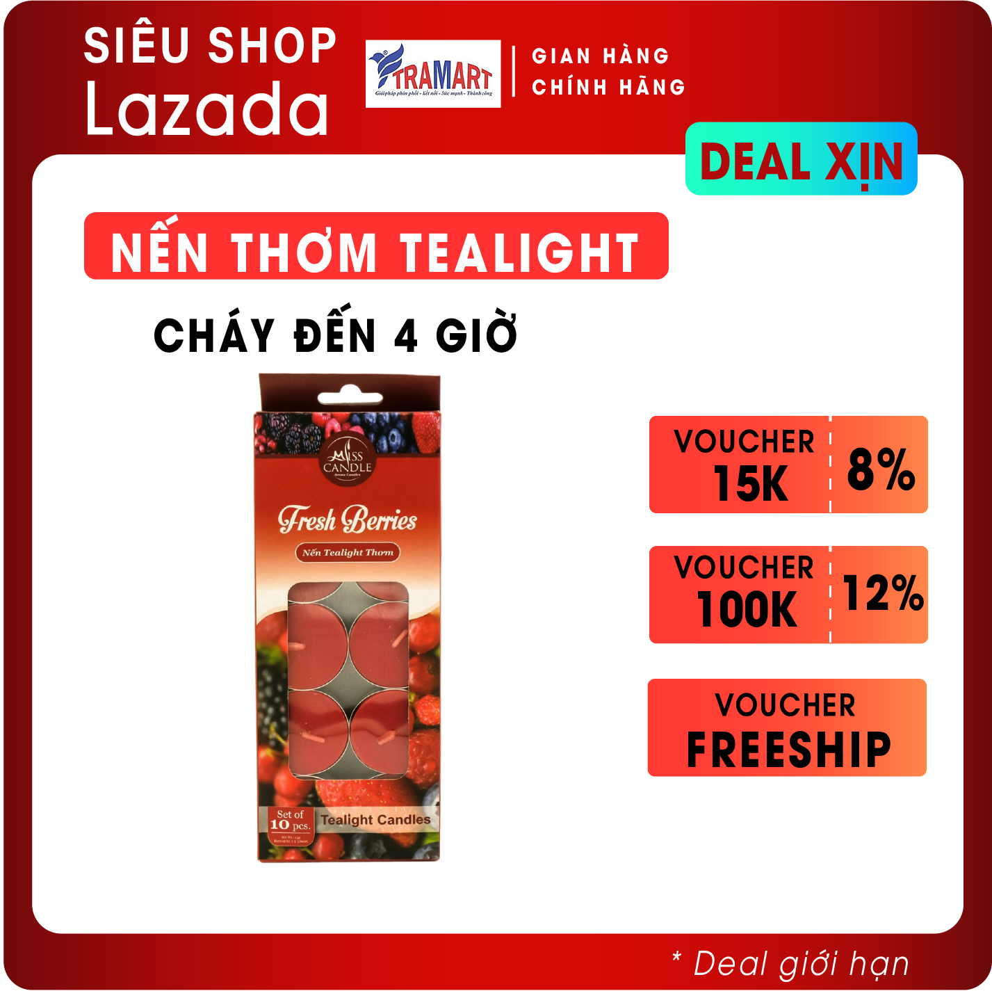 Nến thơm Tealight hộp 10 nến FtraMart EDC0368 Fresh Berries nến không khói chất liệu Sáp paraffin giúp xông Tinh Dầu Thơm Phòng và Trang Trí nhà cửa hoặc làm quà tặng.