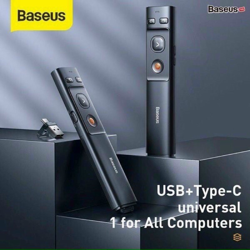 Bút Laser trình chiếu Baseus Orange Dot Wireless Presenter cho Laptop/ Macbook cách xa 100m 2.4Ghz USB/ Type C Receiver