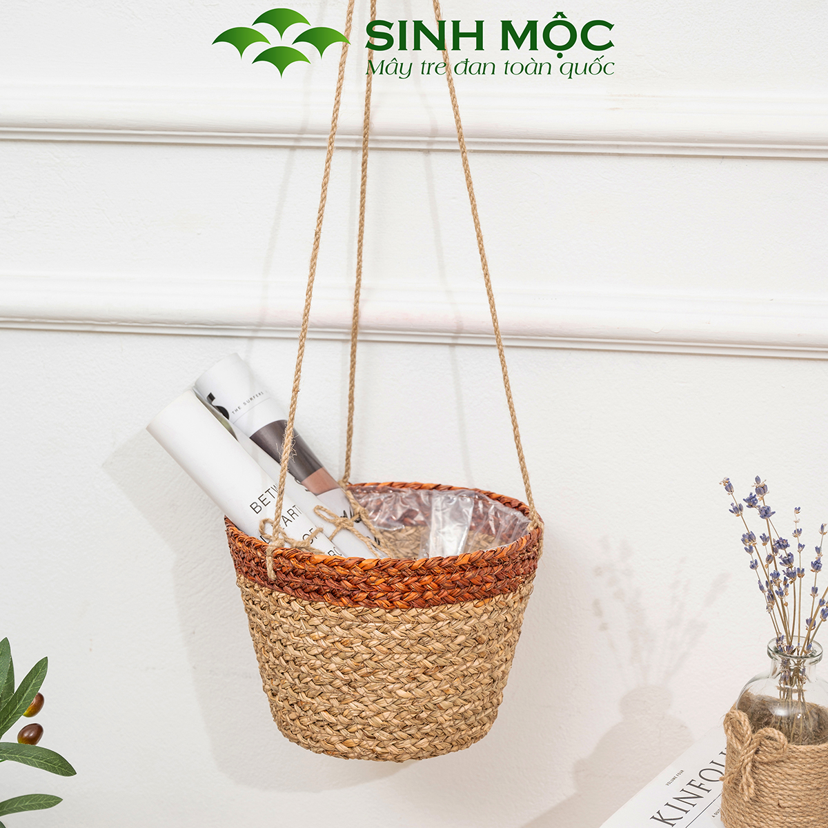 Giỏ hoa treo tường, giỏ cói trồng cây, phụ kiện decor chụp hình, decor trang trí phòng khách Sinh Mộc - M1008