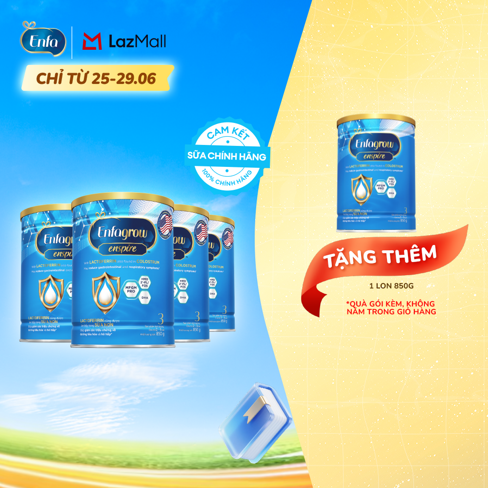 [TỪ 25-29/06][MUA LÀ CÓ QUÀ Tặng 1 lon 850g] Bộ 4 lon sữa bột Enfagrow Enspire 3 850g hỗ trợ đề kháng với Lactoferrin dành cho trẻ từ 2-6 tuổi