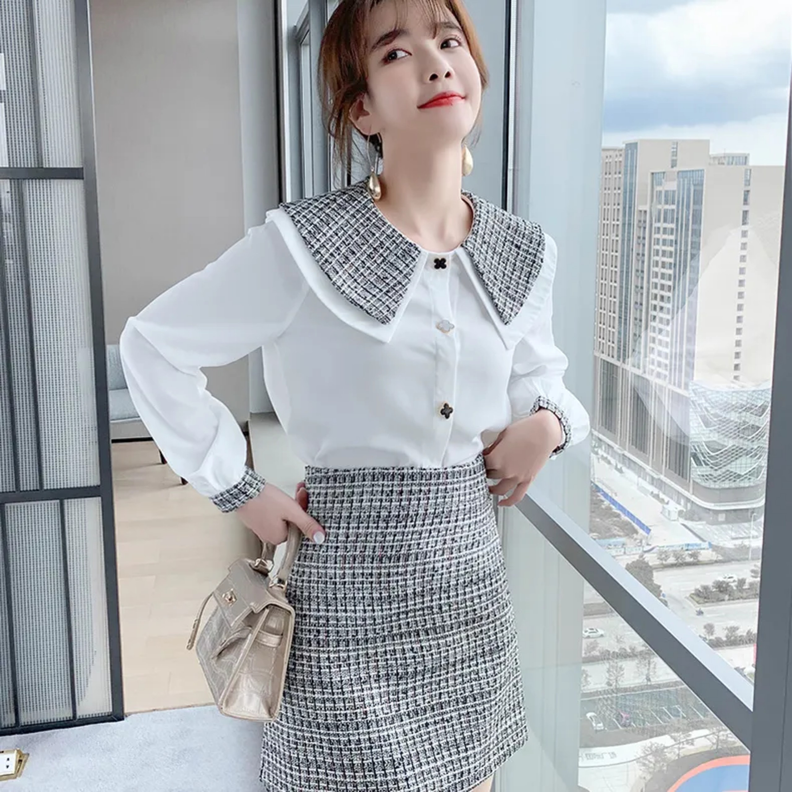 Set áo sơ mi váy dạ tweed trắng đen siêu đẹp hàng quảng châu