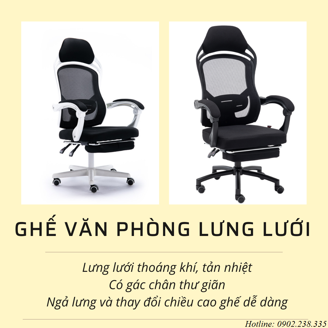 [Có Video] Ghế Văn Phòng Chân Xoay Kèm Để Chân Thiết Kế Mới - Ghế Làm Việc Lưng Lưới, Có Để Chân Cao Cấp, Ngả Lưng 145 độ Đa Năng, Ghế Văn Phòng Chân Xoay, Lưng Lưới Cao Cấp