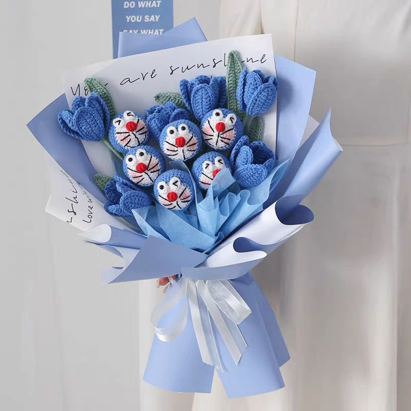 Bó hoa len hình doremon, bó hoa hình thú làm bằng len cao cấp, bó hoa làm quà tặng ý nghĩa, hoa kỷ yếu - Len Móc Tay được bó sẵn như hình