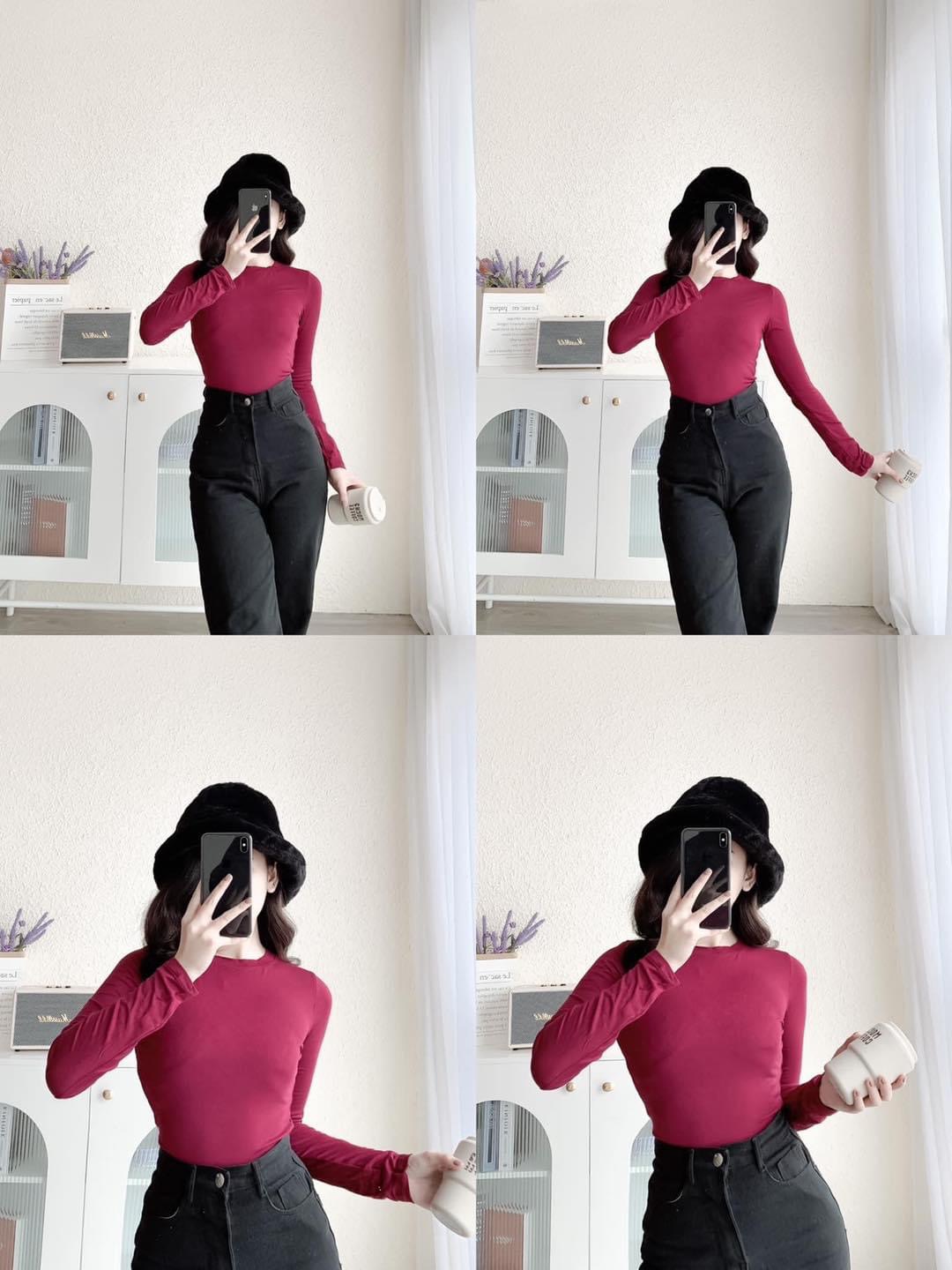 Áo Thun Nữ Áo Kiểu Nữ Cổ TRòn Tay Dài Vải Gân Co Giãn Tốt Ôm Body mềm mịn mát phối đồ siêu xinh đi cafe đi chơi đều xinh