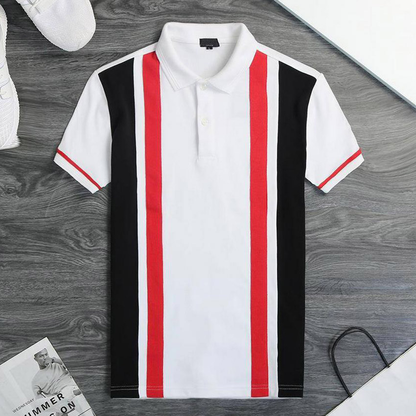 Áo thun nam cá sấu, Áo cá sấu cao cấp, Áo cá sâu nam cổ trụ tay ngắn màu trắng sọc dọc 2 bên phối màu đỏ đen RISHOP77