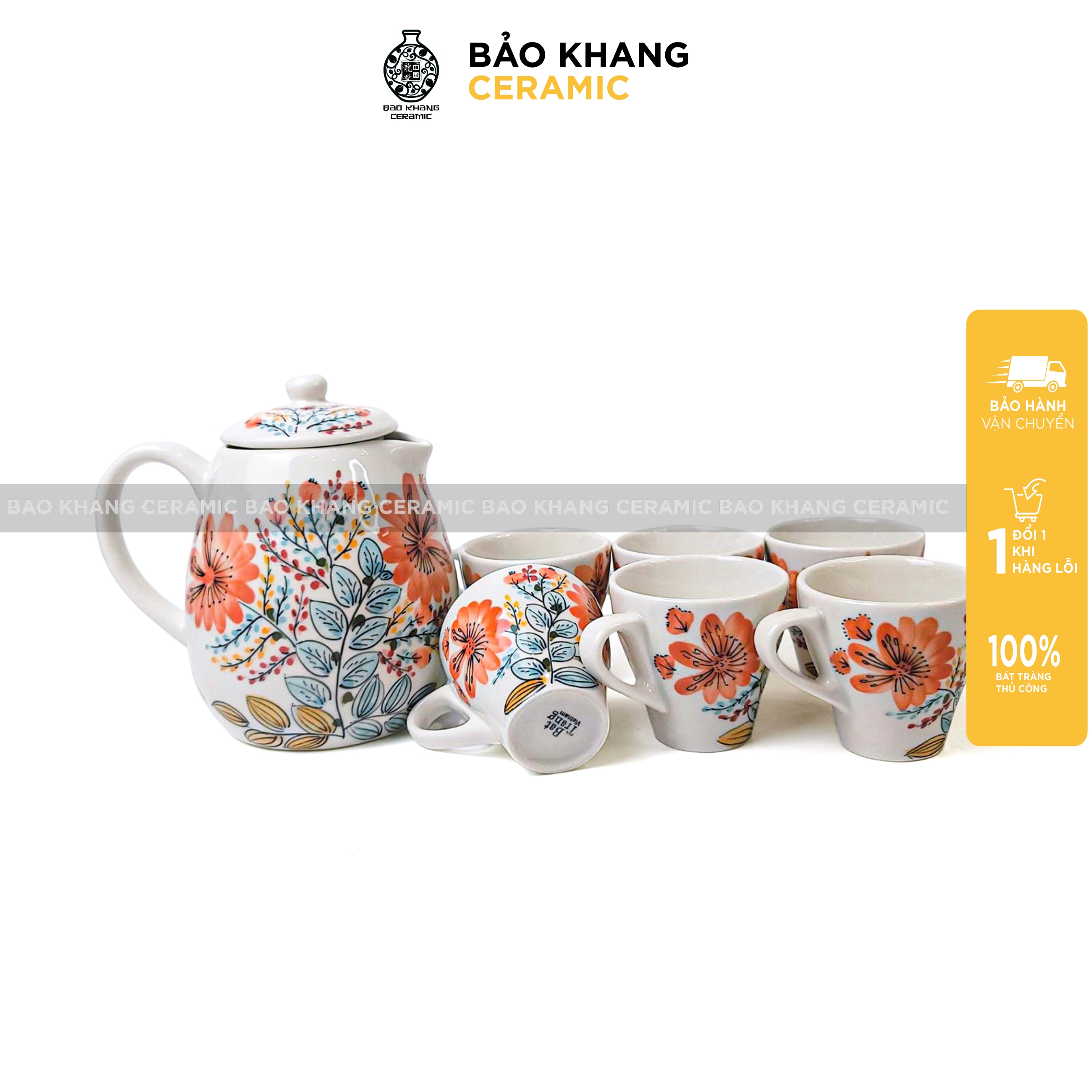 Bộ ấm chén trà bộ bình uống nước họa tiết vẽ tay 1200ml gốm sứ bát tràng cao cấp