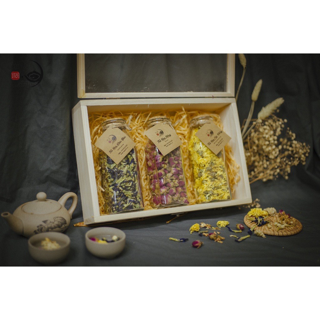 Quà tặng sinh nhật, Hộp Gỗ set quà tặng doanh nghiệp tặng bà tặng mẹ Set trà hoa sấy khô tự nhiên - Mộc Trà 98