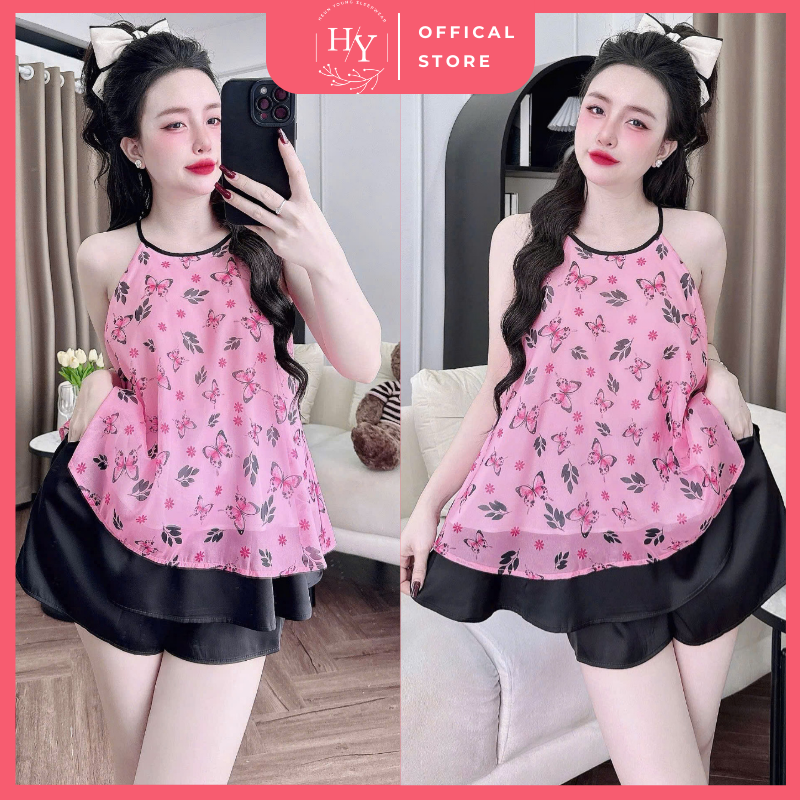 Đồ Ngủ Nữ 2 Dây HEUN YOUNG Bộ Đồ Ngủ Yếm Voan Tơ Ánh, Quần Đùi Lụa Latin TK Mềm Mịn Freesize 40-65kg