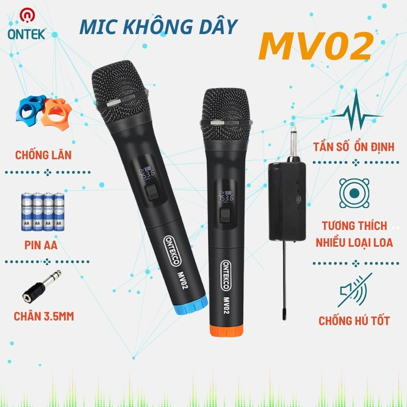 Bộ micro không dây ONTEKCO MV02 màu đen hát karaoke gia đình chuyên nghiệp