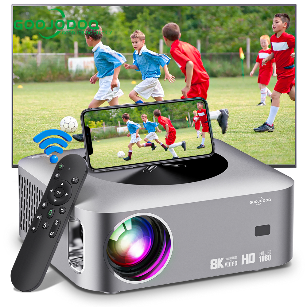 Máy chiếu GOOJODOQ Wifi Mini Di động Thông minh Real 1080P Full HD Movie Proyector Máy chiếu Bluetooth LED màn hình lớn 200'' để giảng dạy trong lớp học Xem phim về các trận đấu World Cup
