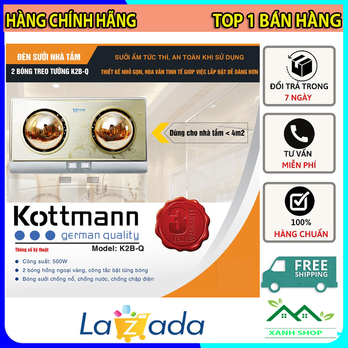 [HÀNG LOẠI 1] Đèn sưởi nhà tắm Kottmann 2 bóng cao cấp, Đèn sưởi ấm phòng ngủ chống cháy, Chống nước an toàn, Ấm nhanh - lò sưởi ấm - Quạt sưởi ấm mùa đông -  Máy sưởi ấm phòng ngủ
