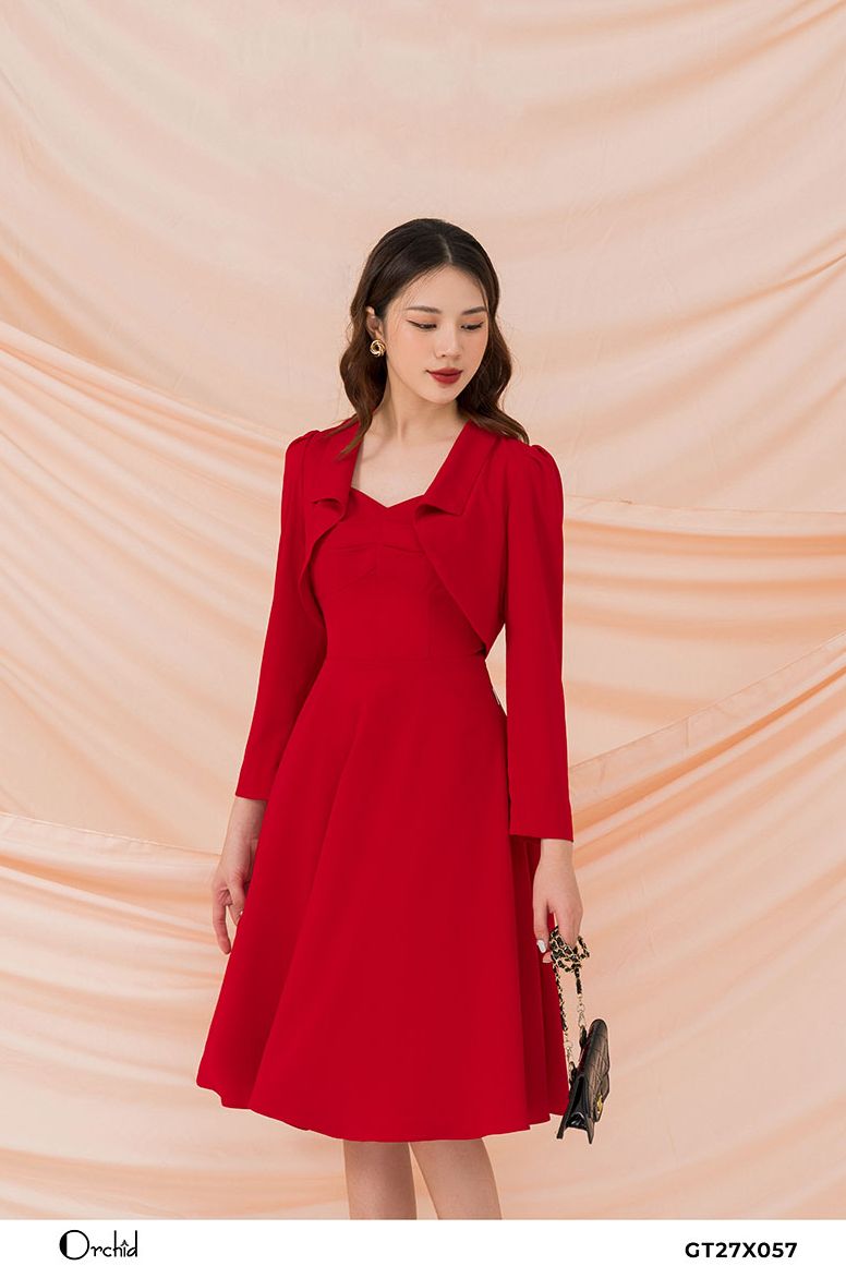 Sét bộ đầm tiểu thư sang trọng - váy kèm áo khoác- chất liệu twill silk orchid gt27x057