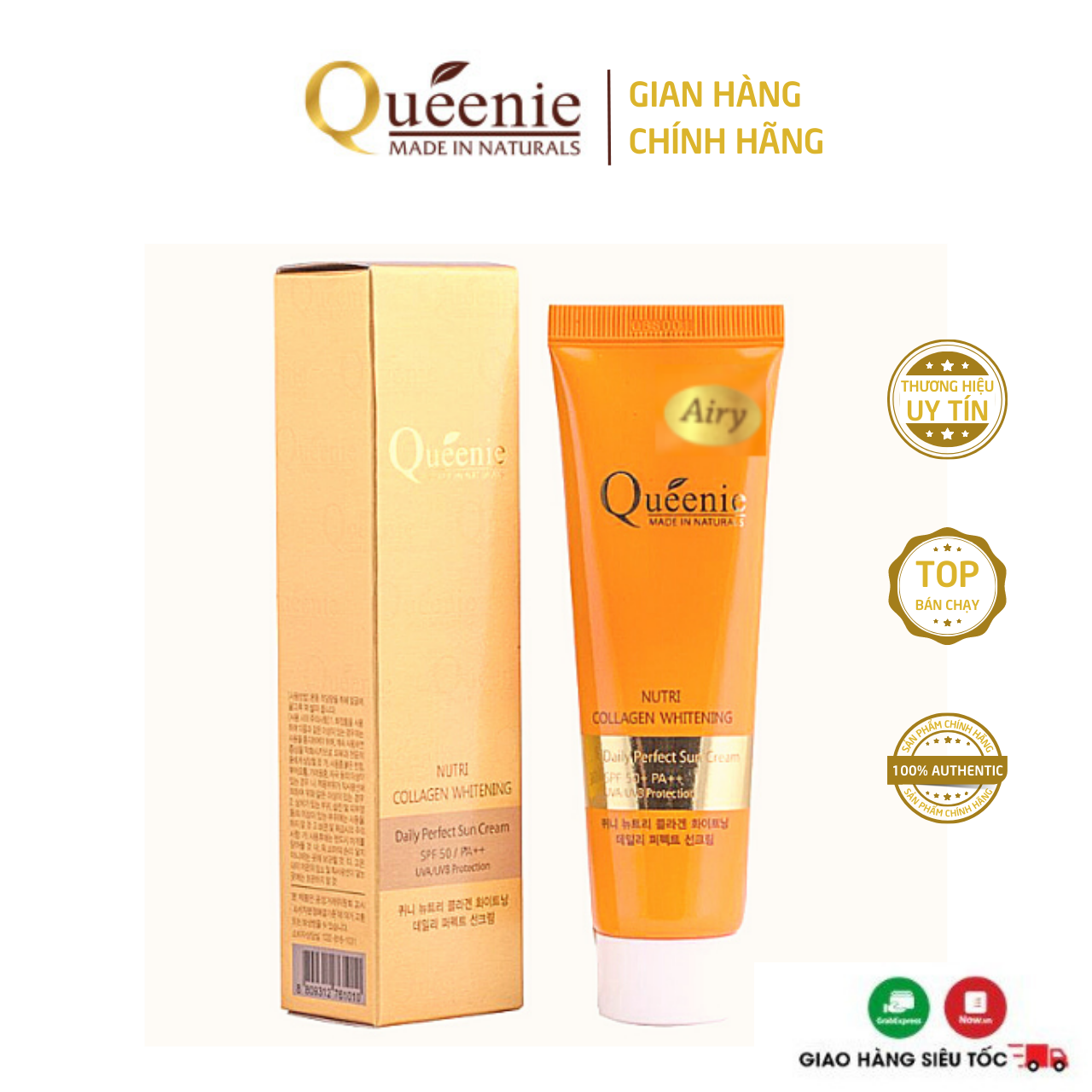 Kem chống nắng bổ sung collagen trắng da queenie, kiềm dầu airy spf50/pa++ 50ml