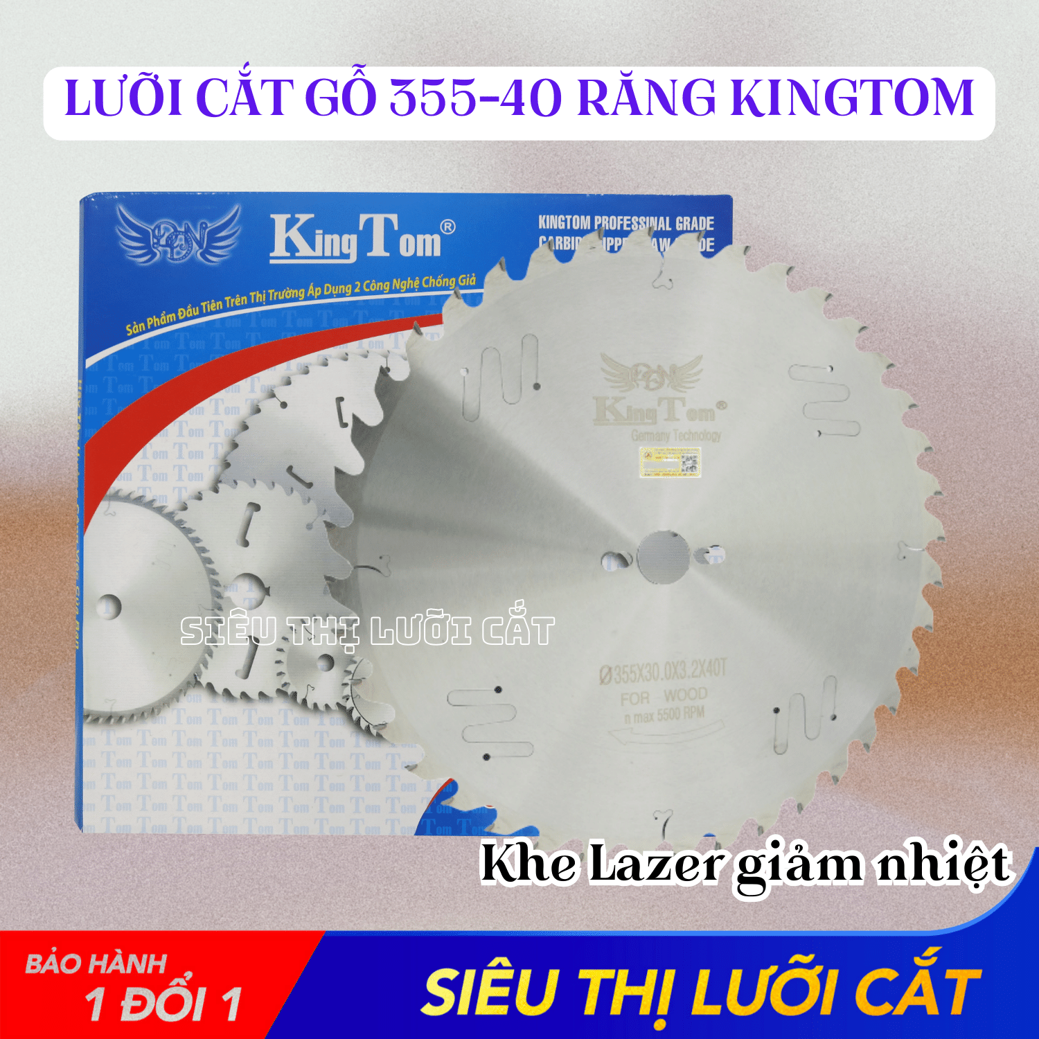 Lưỡi Cưa - Lưỡi Cắt Gỗ Cao Cấp 355-40 Răng KingTom (Khe Laser Giảm Nhiệt Giảm Bụi Tối Đa) - Chuyên Gỗ Có Đinh