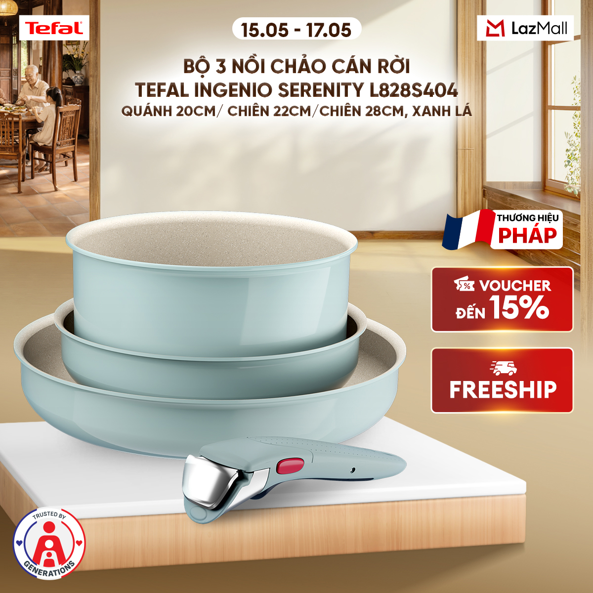 Bộ 3 nồi chảo cán rời Tefal Ingenio Serenity L828S404, quánh 20cm/ chiên 22cm/chiên 28cm, xanh mint pastel (xanh lá nhạt)