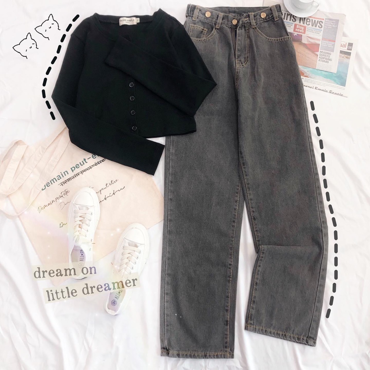 ☀️SET BAGGY JEANS LƯNG CAO ĐAI NÚT + CROPTOP GÂN TD