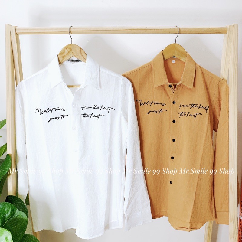 Áo sơ mi basic đũi thêu chữ tay dài unisex mr smile 99 shop