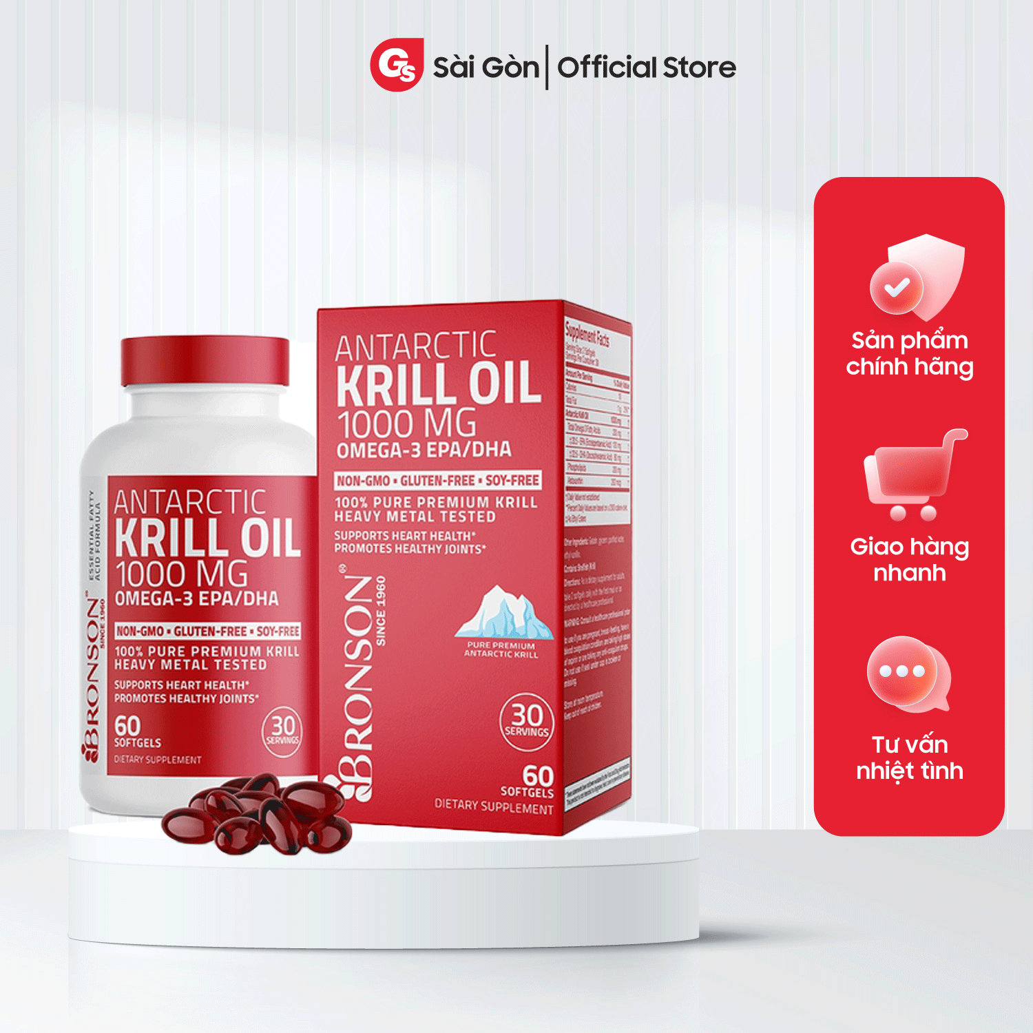 Dầu nhuyễn thể Bronson Antarctic Krill Oil With Omega-3 Epa/Dha, 1000 Mg Hỗ trợ sức khỏe tim mạch - Gymstore