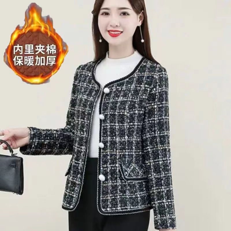 áo khoác mỏng nhẹ hàn quốc ✇ Phụ nữ trung niên hương thơm nhỏ áo khoác ngắn mùa xuân 2022 mới houndstooth mẹ thời trang cardigan cổ tròn