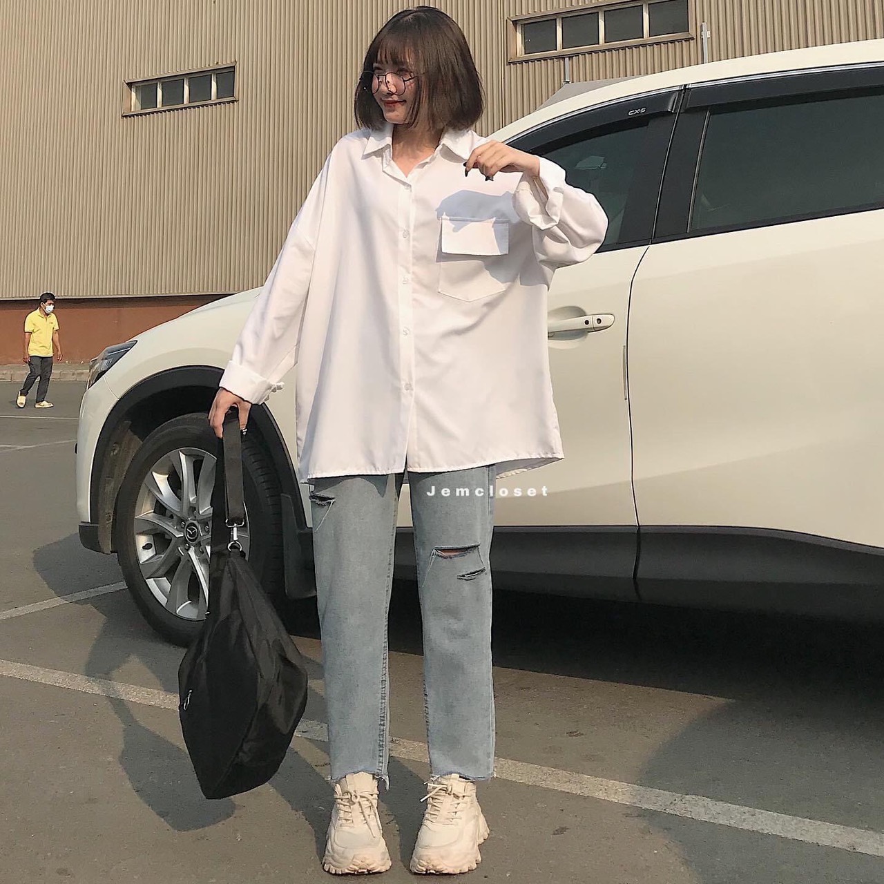 Baggy jeans rách 2 line+sơ mi td túi nắp