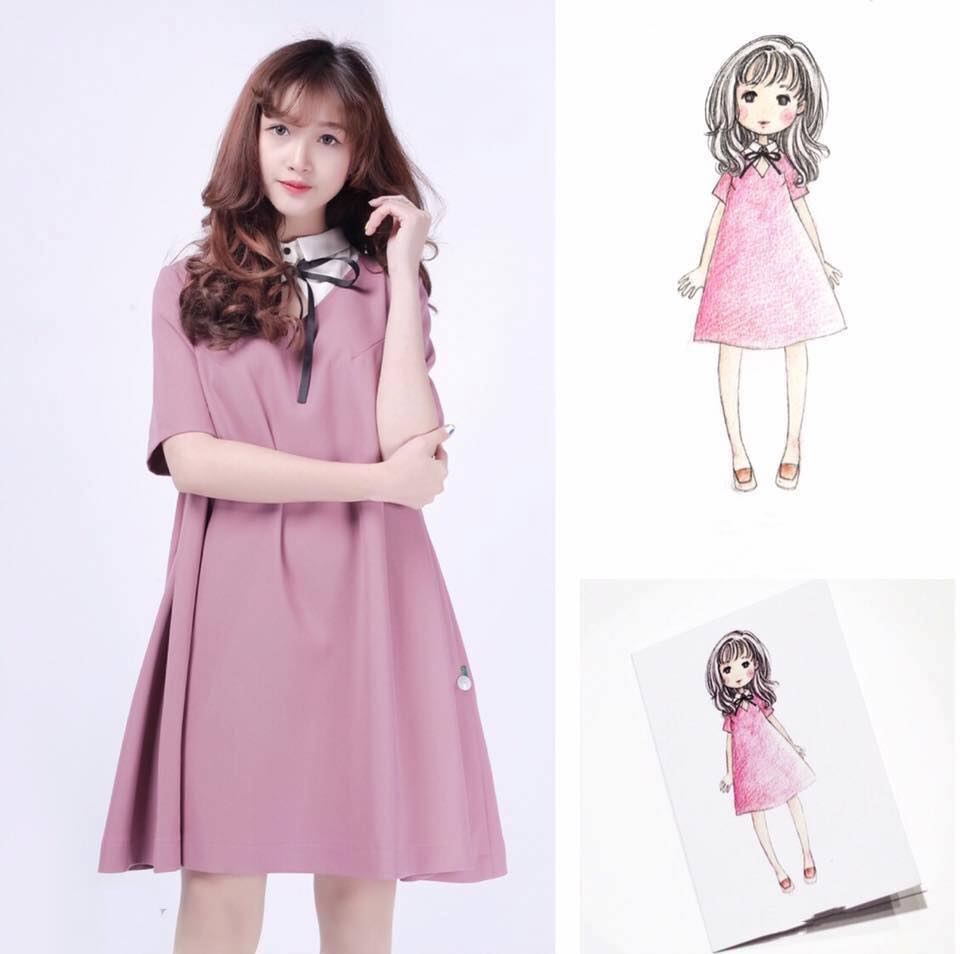 Đầm suông form A nơ cổ Annie