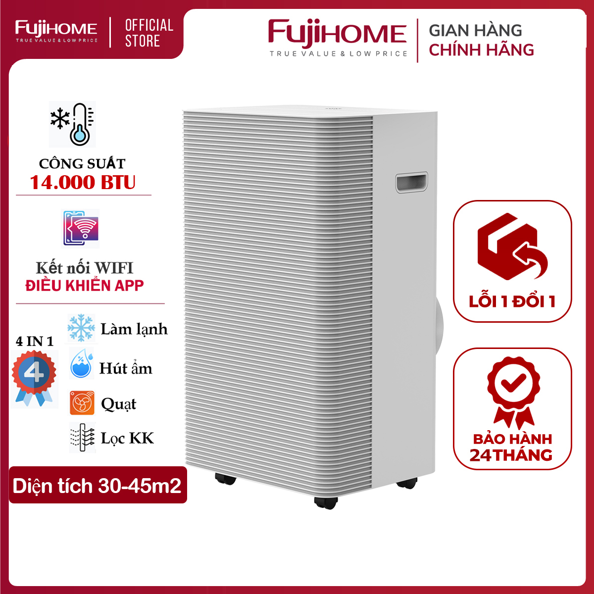 Máy lạnh di động 14.000 BTU Fujihome, điều hòa đứng di động mini thông minh 4 chức năng điều khiển từ xa kết nối qua Internet