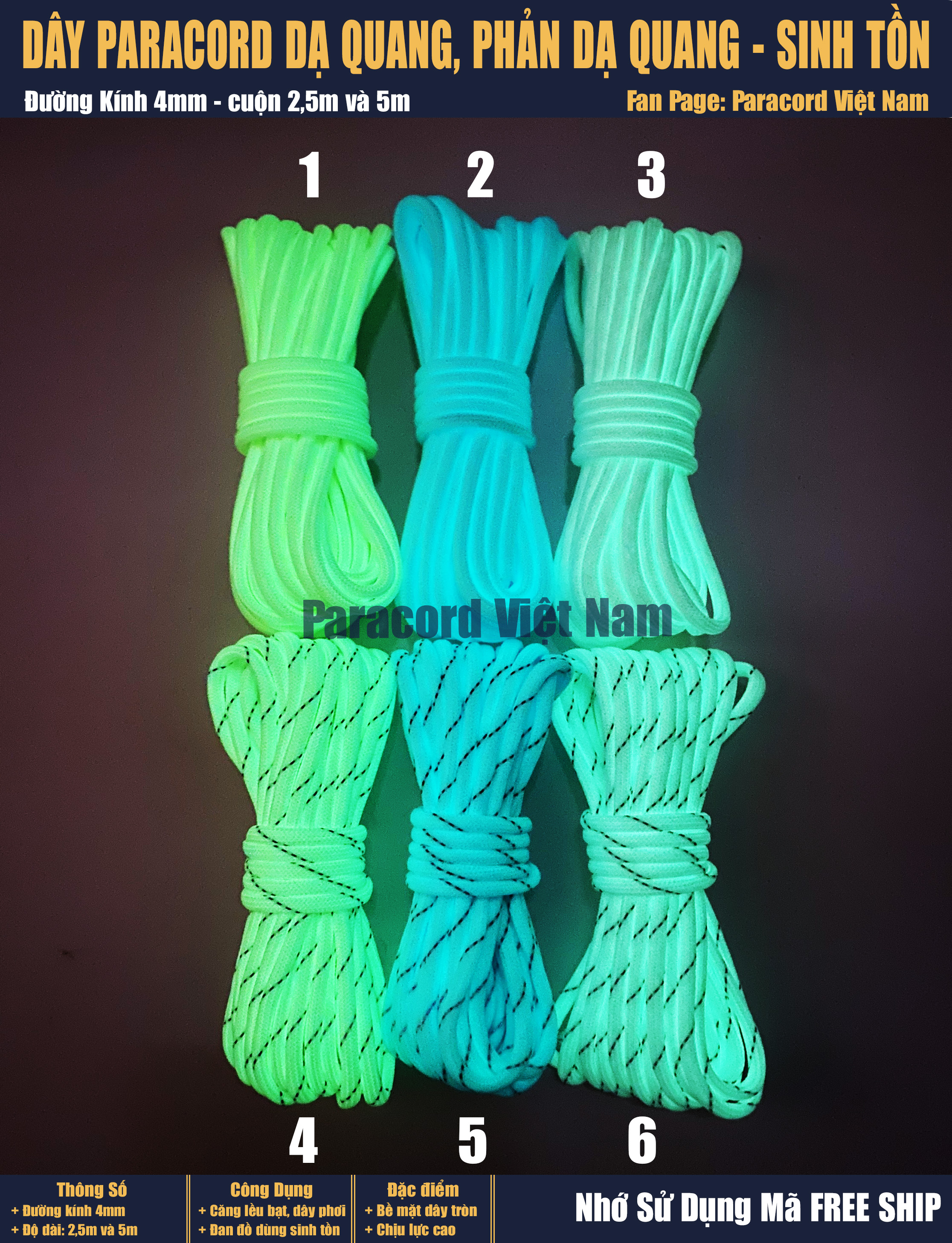 Dây Dù Paracord Dạ Quang Phản Dạ Quang Kết Hợp