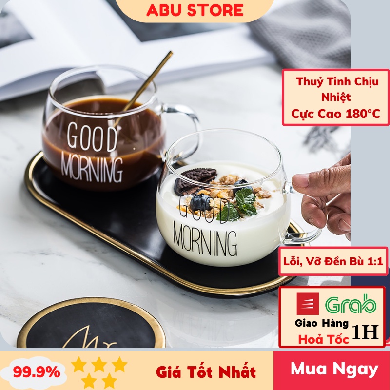 Ly thủy tinh dễ thương uống nước cute good morning 350 ml cốc thủy tinh chịu nhiệt có quai abustore h19