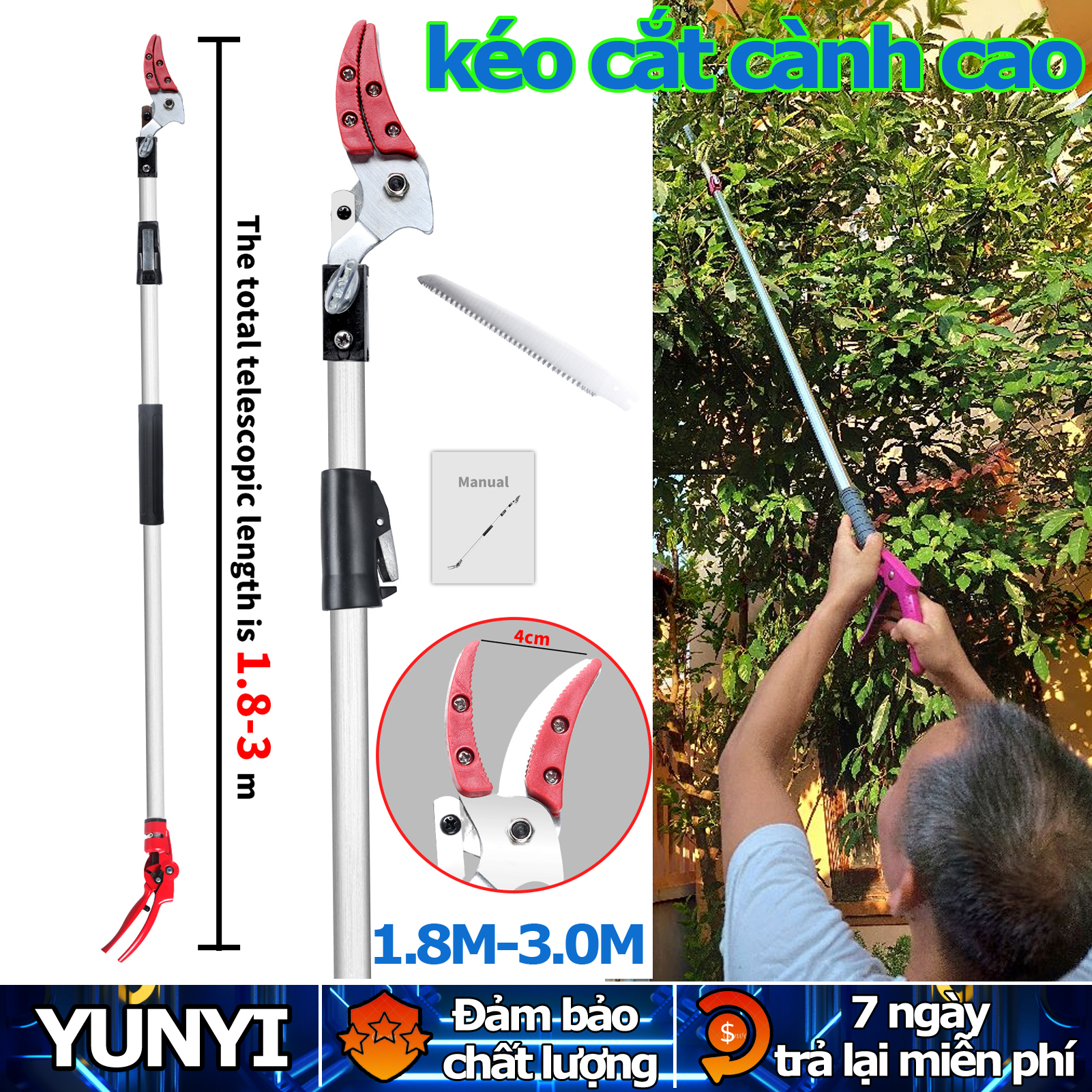 Kéo cắt cành cao 3m, Đầu kéo tỉa cành cây trên cao,hái quả ,kết hợp cưa cây rất hiệu quả , kết hợp lưỡi cưa cành tiện dụng