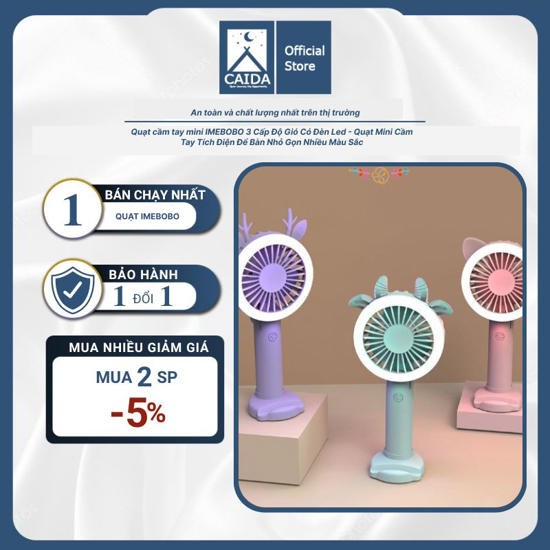 Quạt cầm tay mini IMEBOBO 3 Cấp Độ Gió Có Đèn Led - Quạt Mini Cầm Tay Tích Điện Để Bàn Nhỏ Gọn Nhiều Màu Sắc