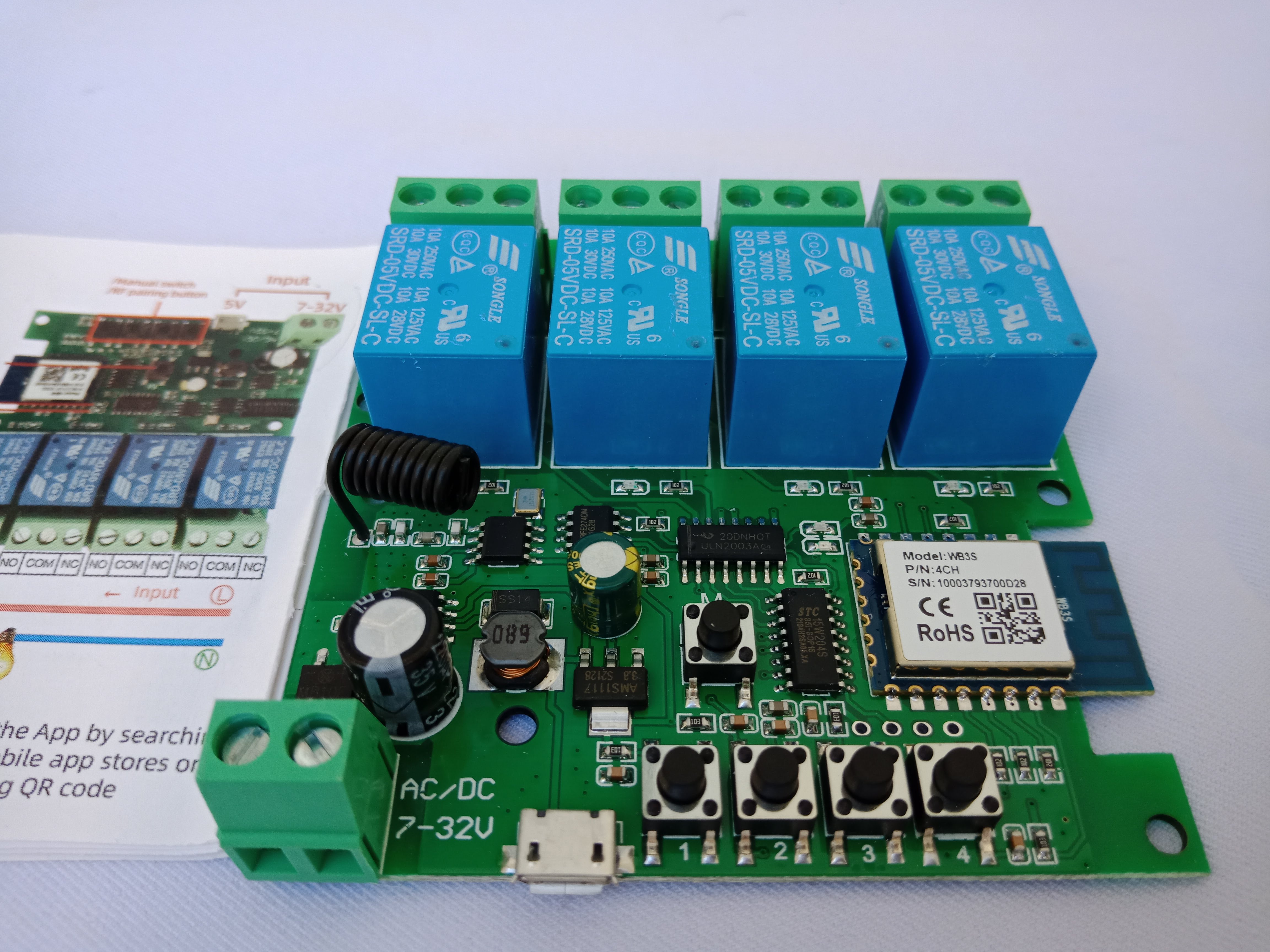 Công tắc thông minh 4 kênh 5-32VDC kết nối Wi-Fi app Tuya Smartlife, 433Mhz điều khiển từ xa