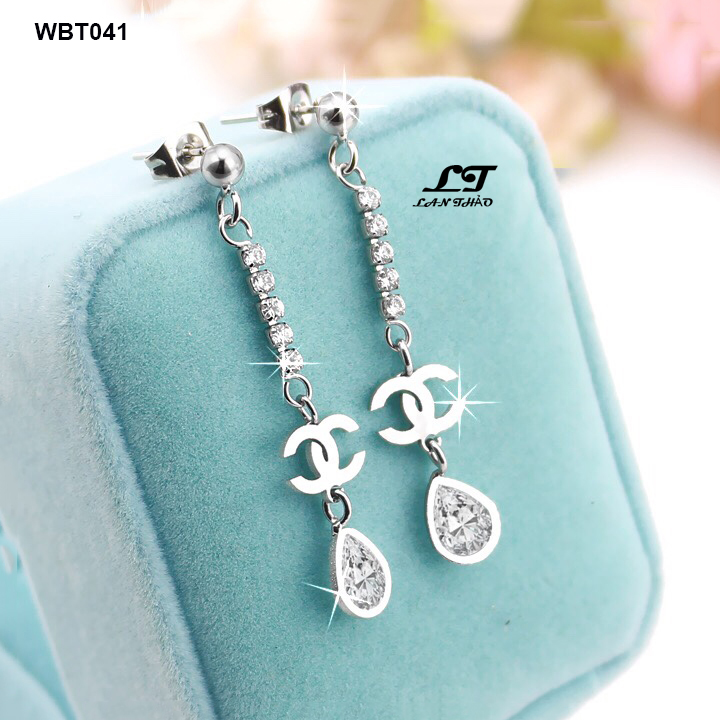 Bông tai c-h-a-n-e-l treo đá cao cấp wbt041 không đen không gỉ sét