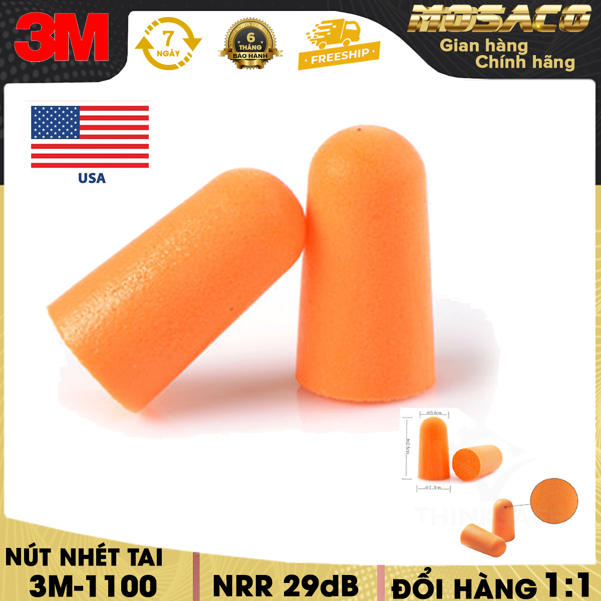 Nút tai chống ồn 3M 1100 - Bịt tai chống ồn lên đến 29Db - thoải mái khi đeo lâu - bảo vệ tai khỏi ô nhiễm tiếng ồn - MOSACO