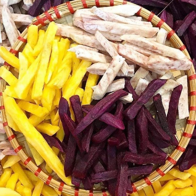 Khoai cọng mix 3 vị sấy giòn (khoai môn sấy cọng giòn,khoai vàng cọng sấy giòn,khoai lang tím cọng sấy giòn thơm ngon) {Khối lượng tịnh, không tính bao bì}