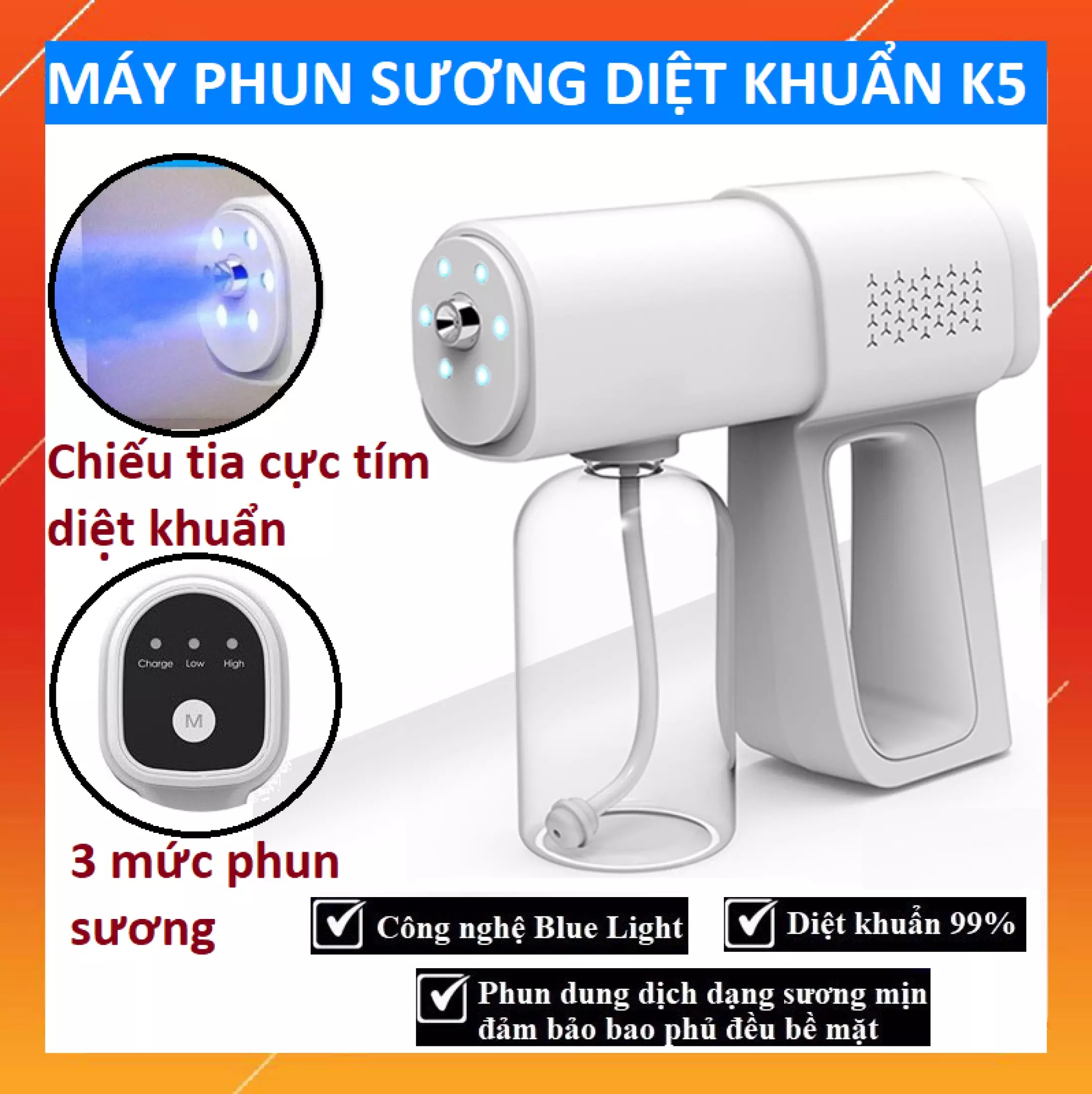 Súng xịt khử khuẩn cầm tay nano k5, tích hợp 6 đèn uv diệt 99% vi khuẩn - máy phun khử khuẩn xịt diệt virus chống vi khuẩn