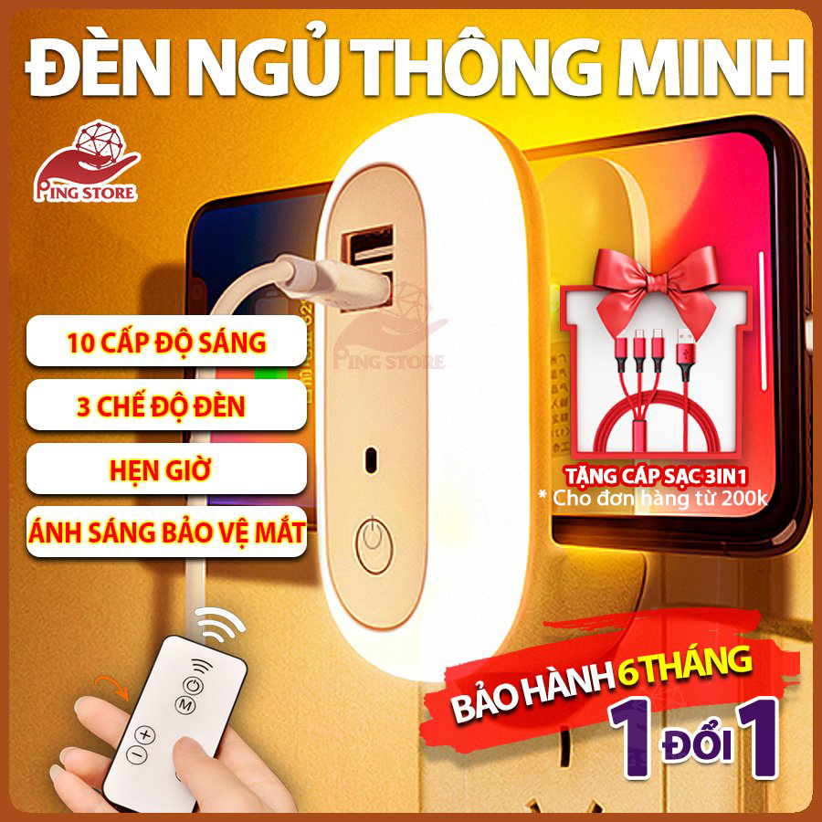 Đèn ngủ thông minh điều khiển từ xa tích hợp 2 cổng sạc nhanh điện thoại - 3 chế độ - 10 cấp độ sáng - có hẹn giờ