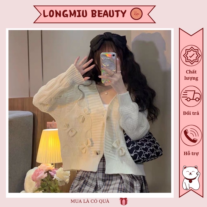 Áo khoác len áo khoác cardigan dáng ngắn hình nơ xinh xắn cho Nữ phong cách dễ thương