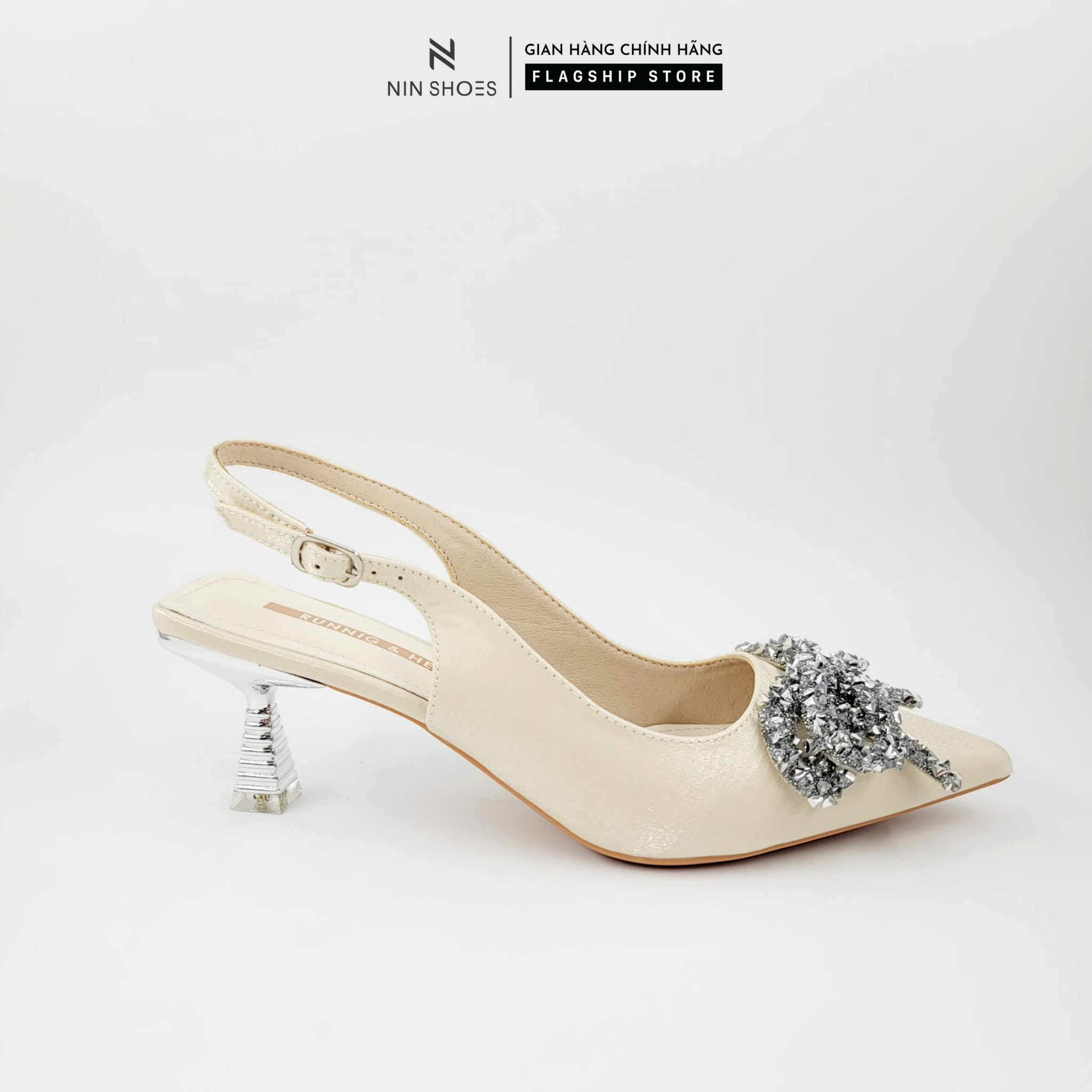 Giày nữ Ninshoes - Giày Sandal cao gót 5p mũi nhọn gót nhọn nơ đính đá quai cài