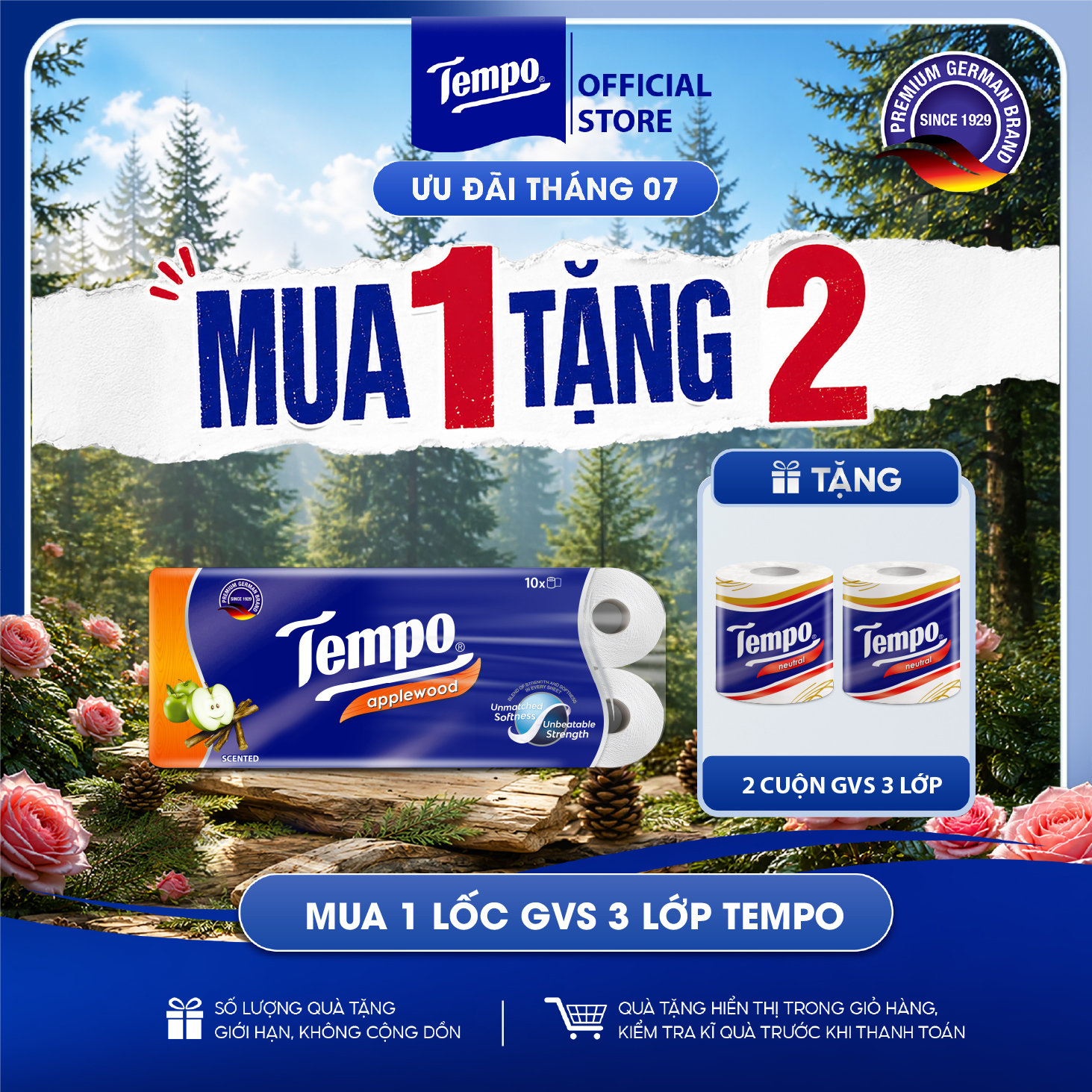 [LỐC 10 CUỘN] Giấy vệ sinh cao cấp Tempo Toipa - 3 lớp bền dai, an toàn cho da - Thương hiệu Đức (10 cuộn/Lốc)