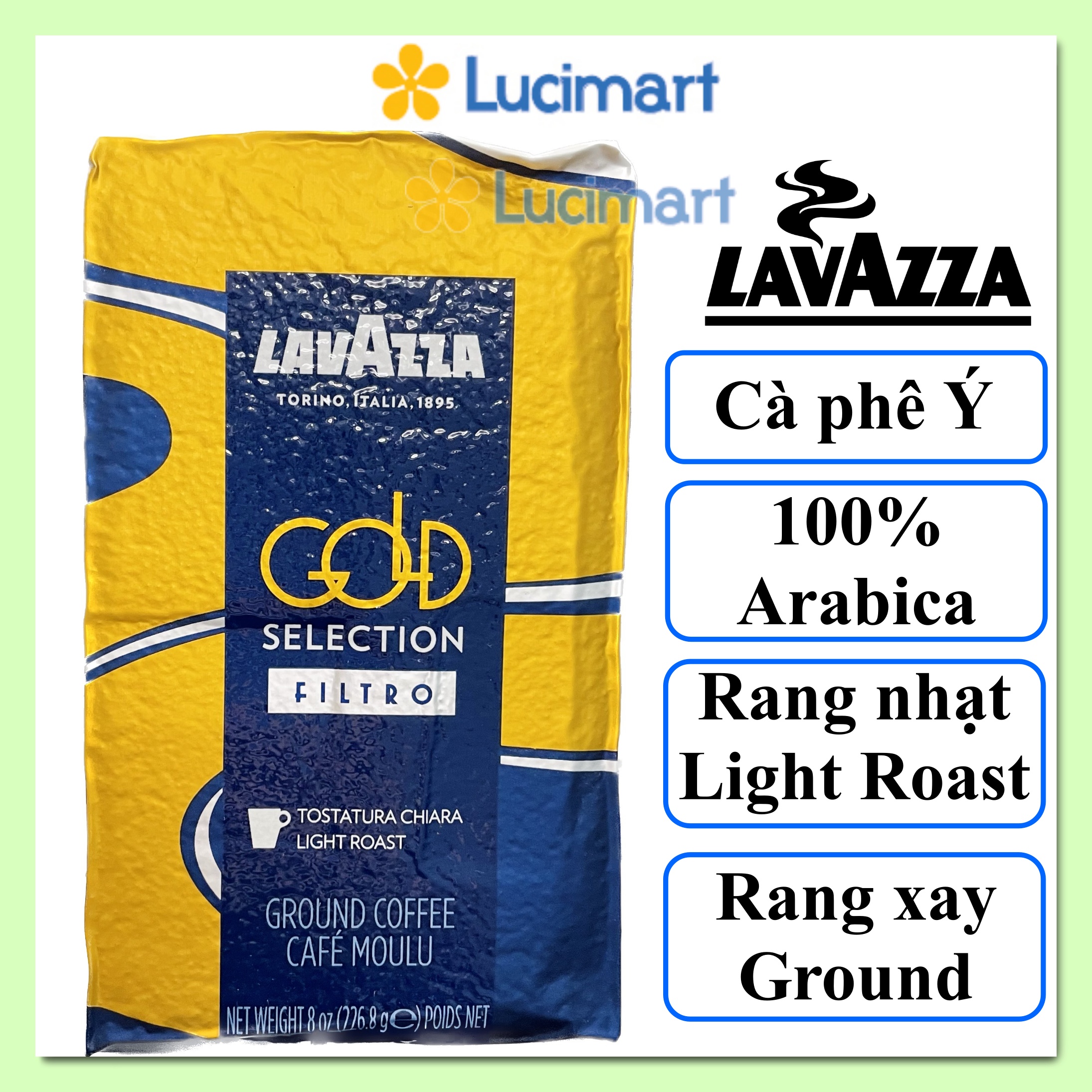 Cà phê Ý Lavazza rang xay Gold Selection Ground Coffee, Light Roast, gói 226.8g gram [Hàng Mỹ]