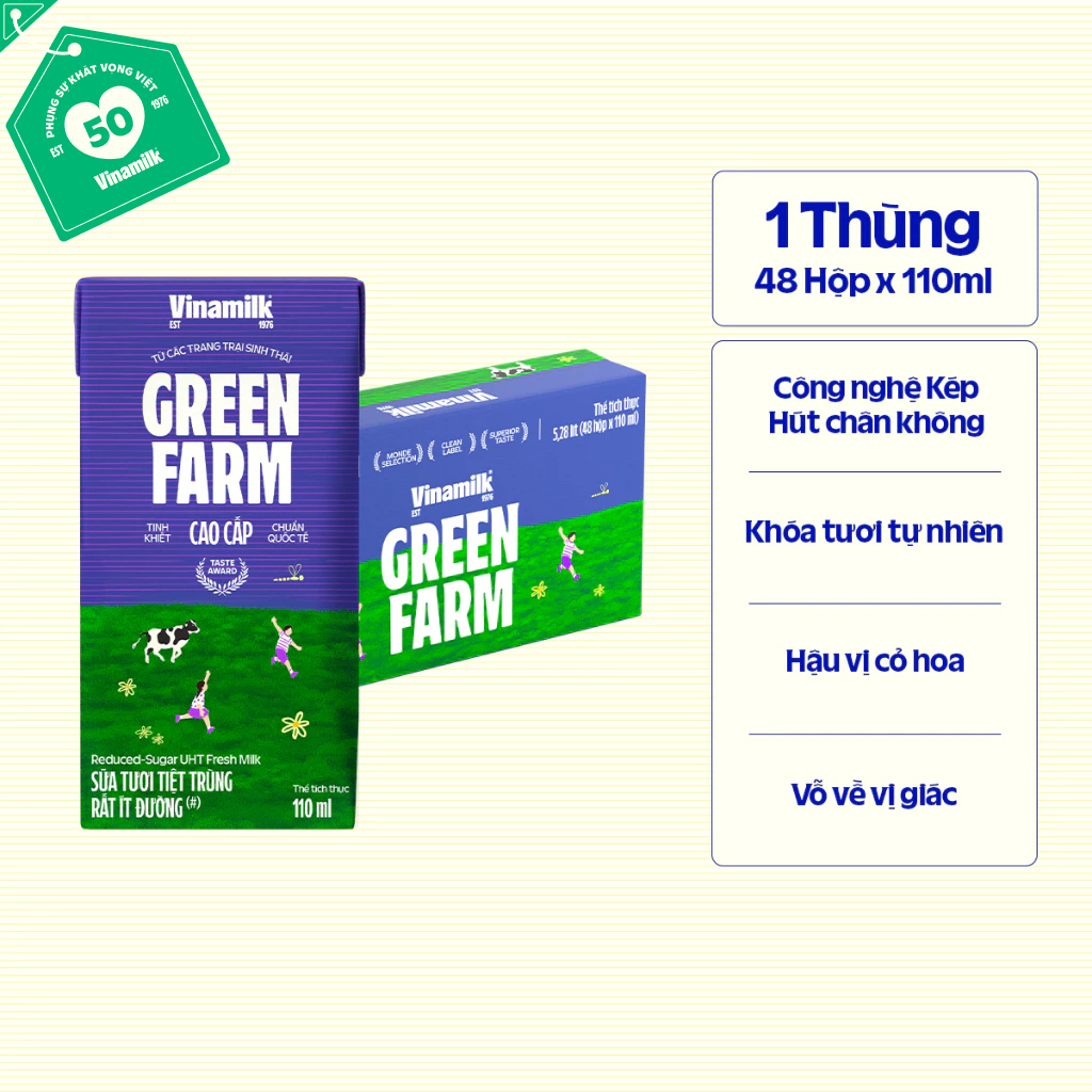 Thùng 48 hộp Sữa Tươi Tiệt Trùng Vinamilk Green Farm rất ít đường 110ml