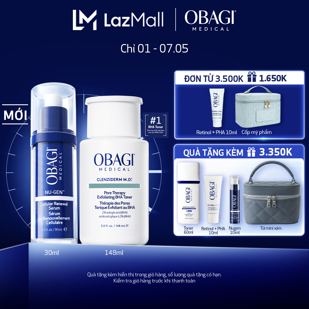 Combo Serum Trẻ Hóa Da Cấp Độ Tế Bào Obagi NU-GEN™ Cellular Renewal 30ml  Toner BHA Clenziderm M.D. Exfoliating 148ml